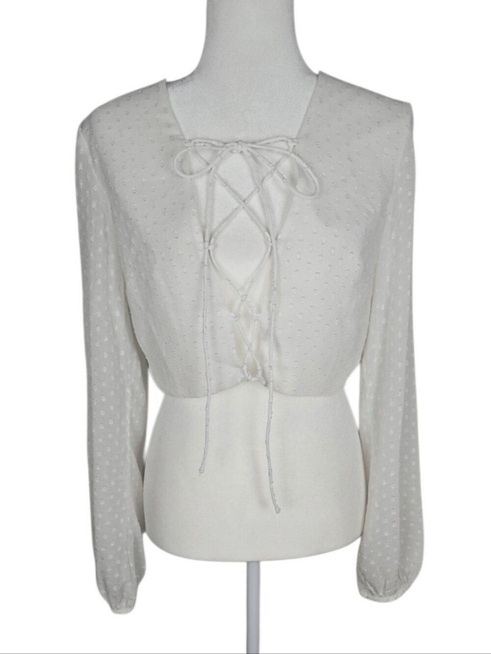 Sabo Skirt White Swiss Dot Lace-Up V-Neck Blouse Coquette Cottagecore, Size M